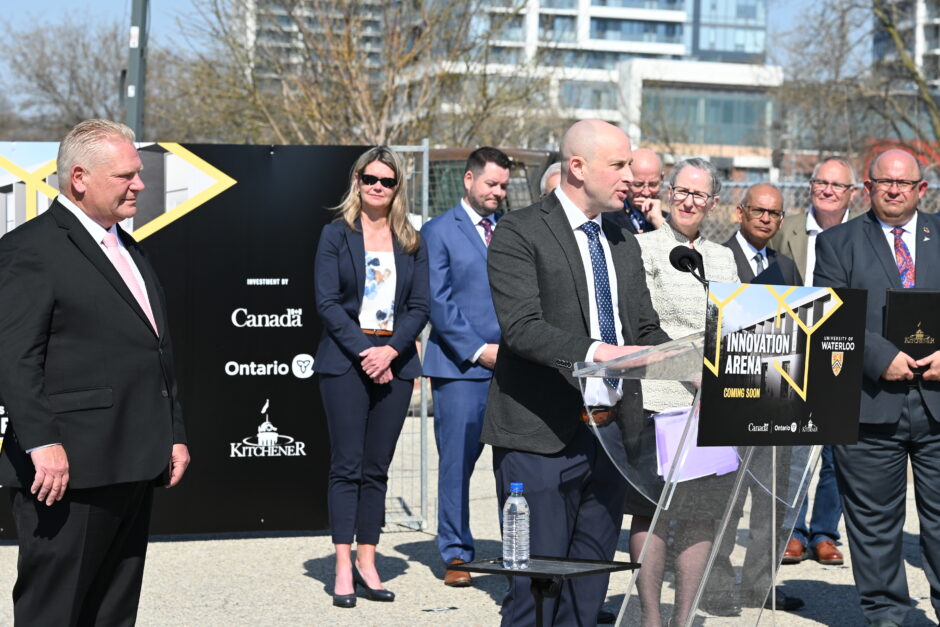 Premier Doug Ford, Adrien Côté, Velocity Executive Director, and other officials at the Innovation Arena groundbreaking event.