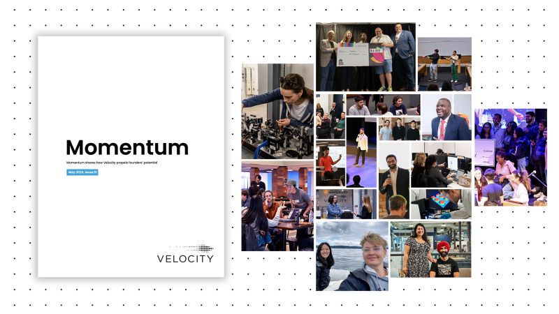 A cover photo of a publication by Velocity with the words Momentum and a collage of startup founders and technology.